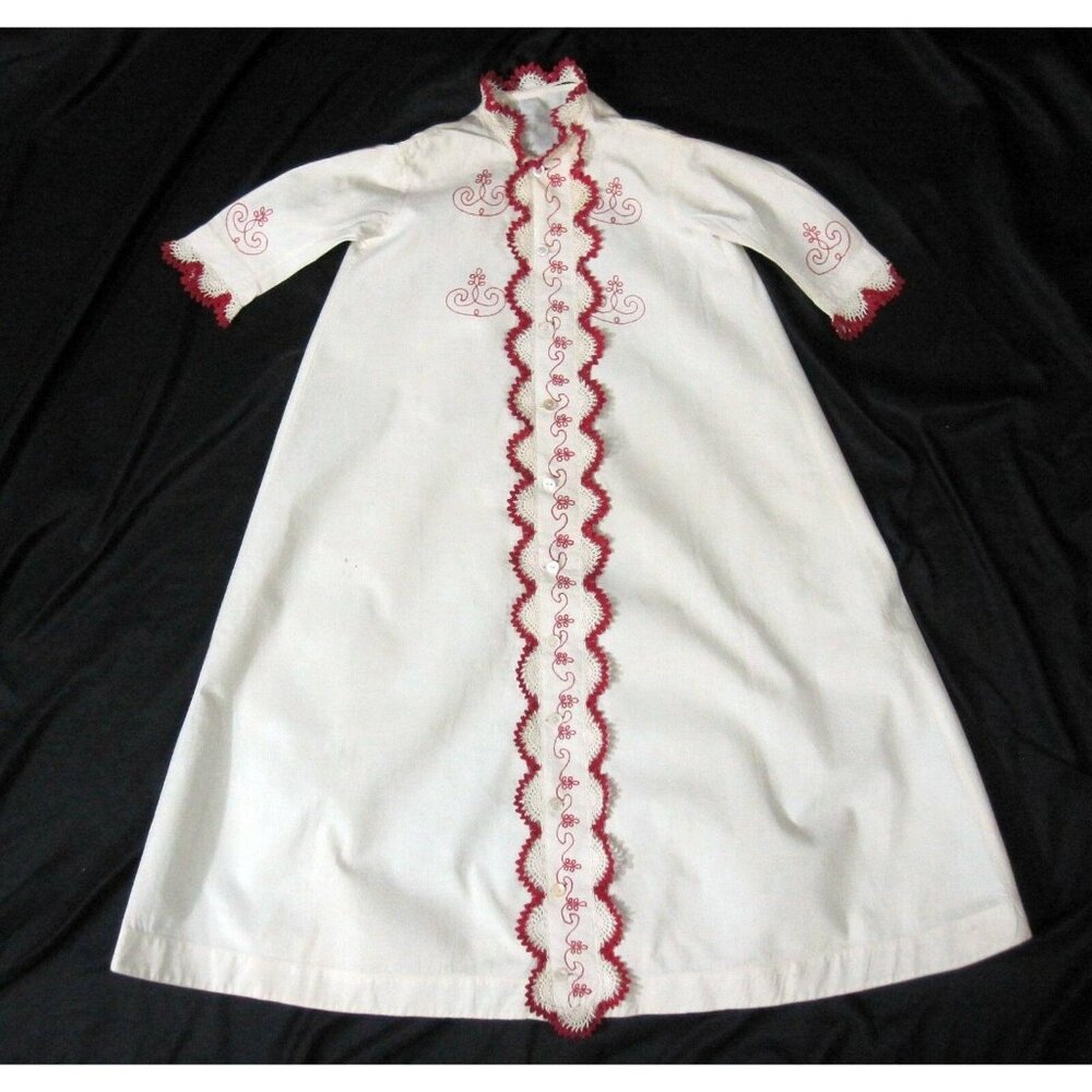 Antique Baby Dressing Christening Gown Red Embroidery Red Crochet Vintage 1920s